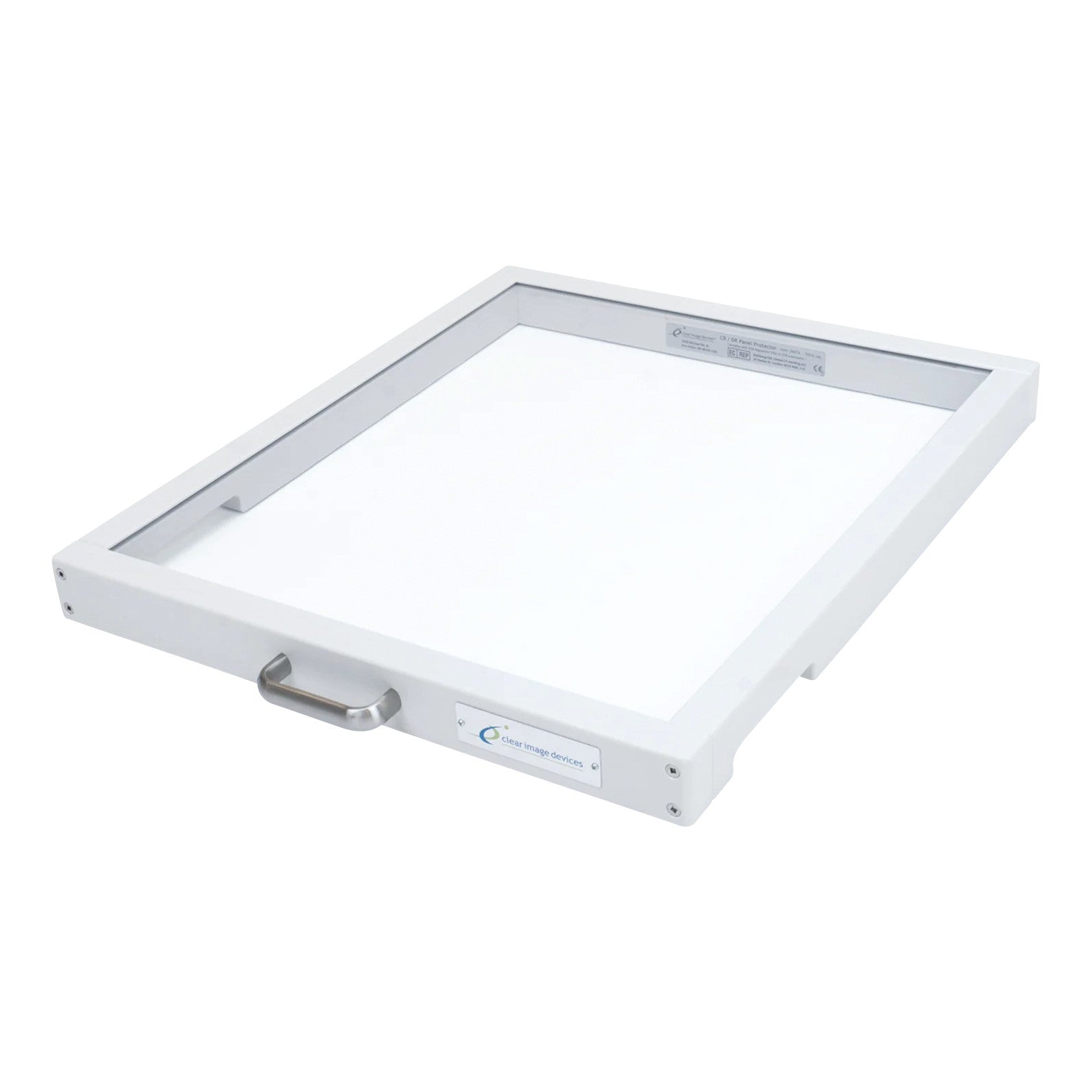 The Large Format DR Panel Protector is a flat, rectangular, white device with a metal handle,  for use with  imaging panels.