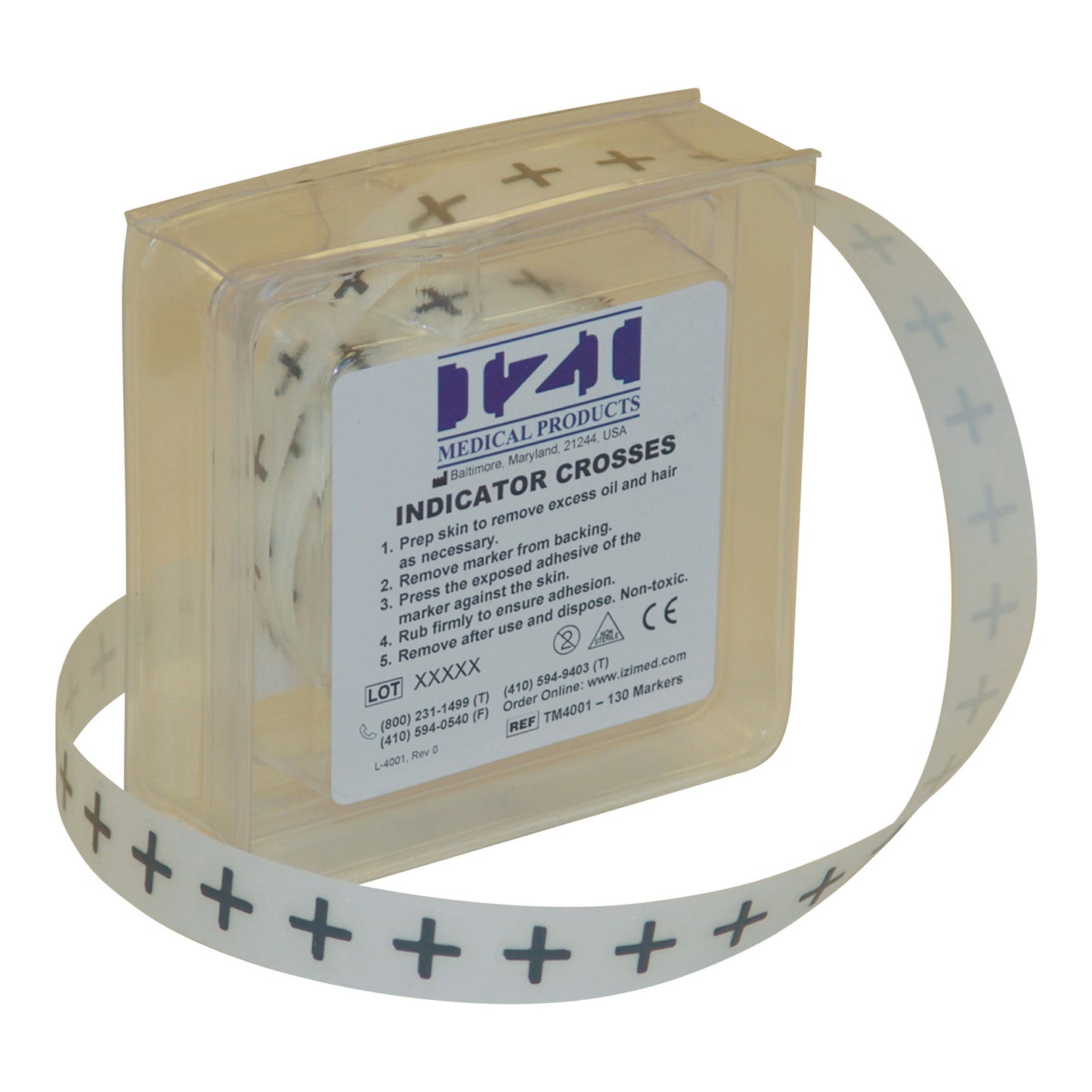 A plastic box contains Indicator Radiopaque Marker strips with plus signs, used for medical purposes.