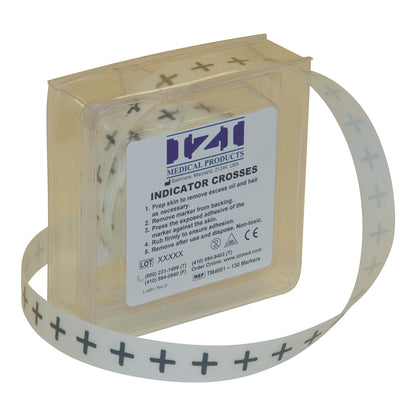 A plastic box contains Indicator Radiopaque Marker strips with plus signs, used for medical purposes.