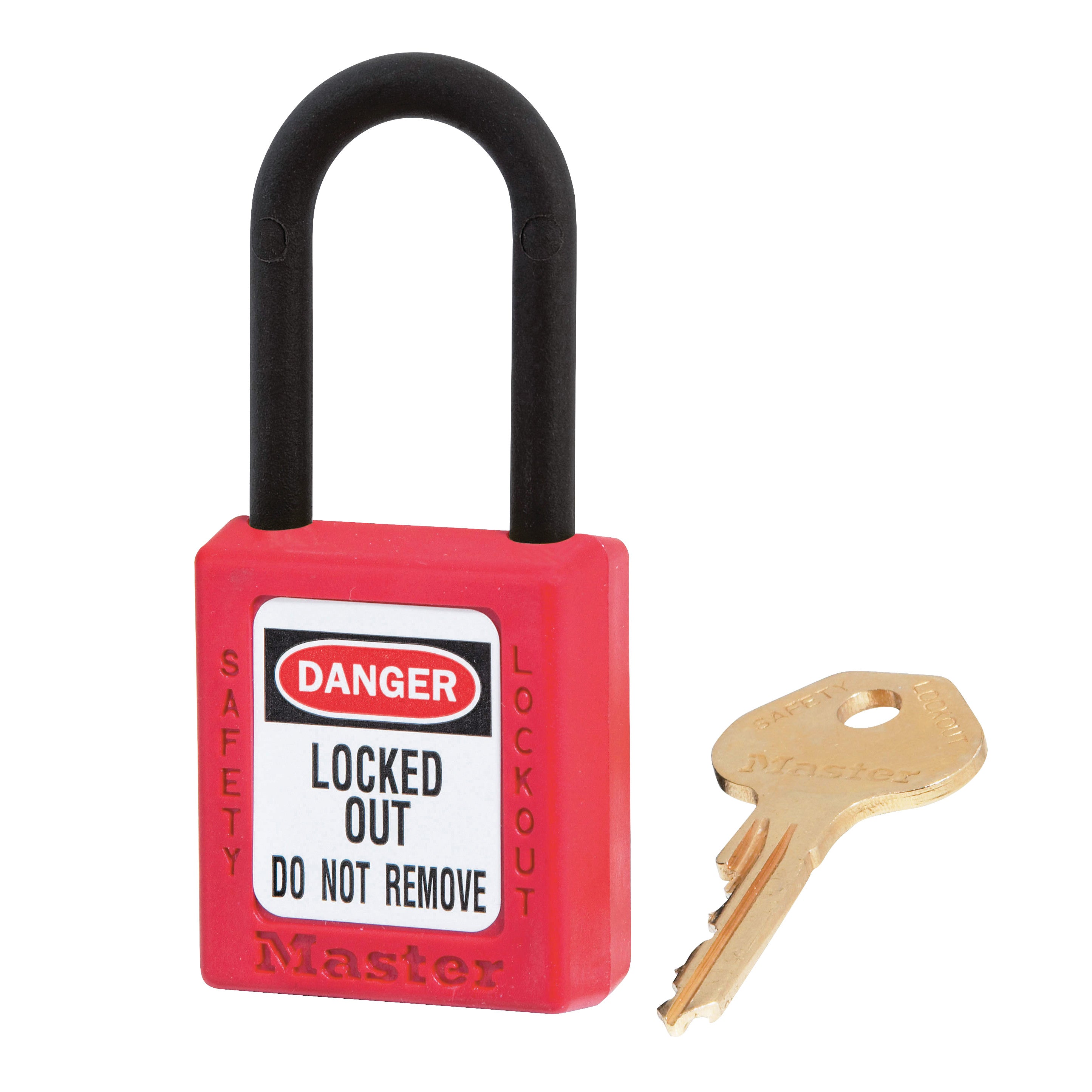 MRI Nonmagnetic Padlock with a red body labeled "Danger, Locked Out, Do Not Remove," next to a brass key.