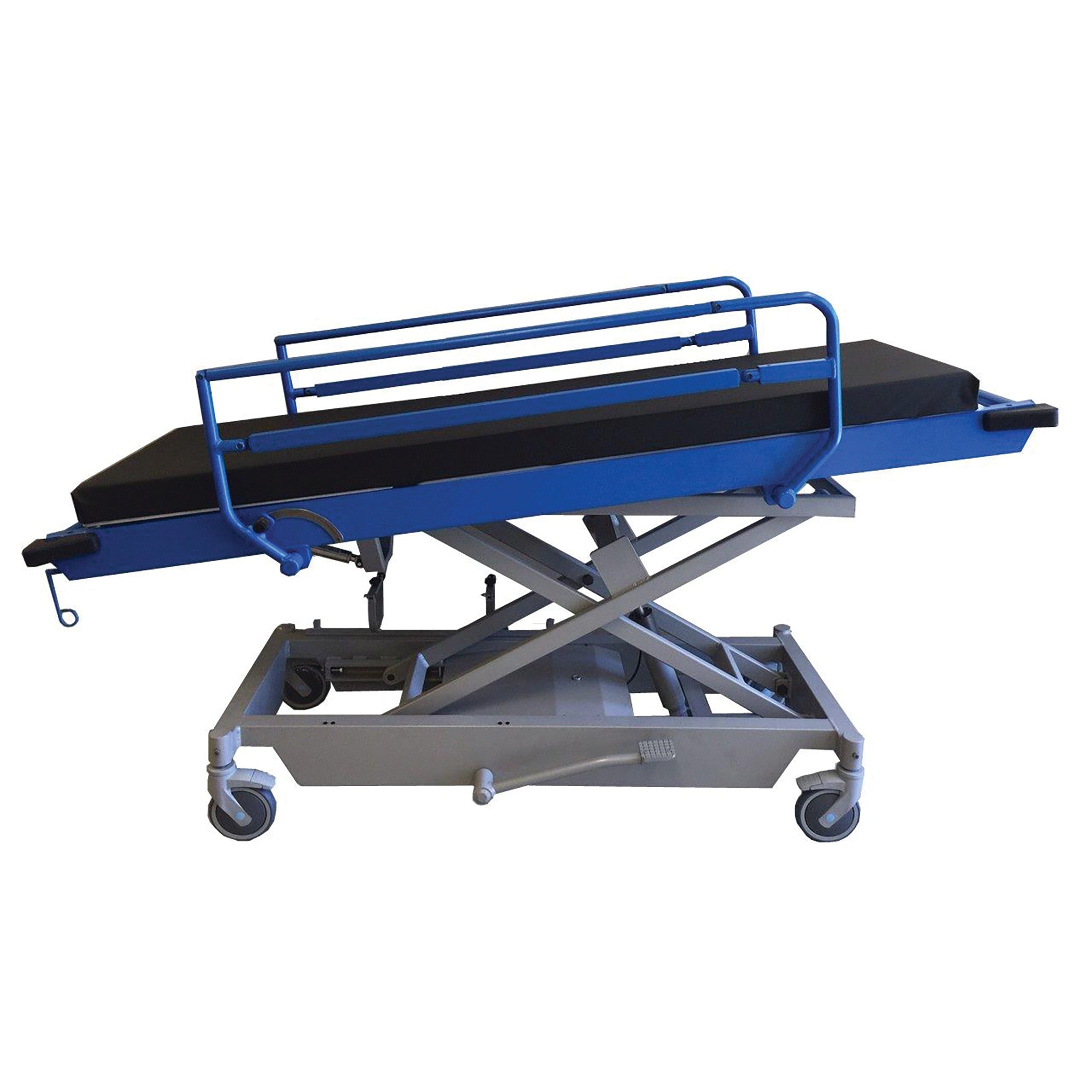 MRI Adjustable-Height Stretcher with blue frame, padded surface, side rails, and wheeled base for mobility.