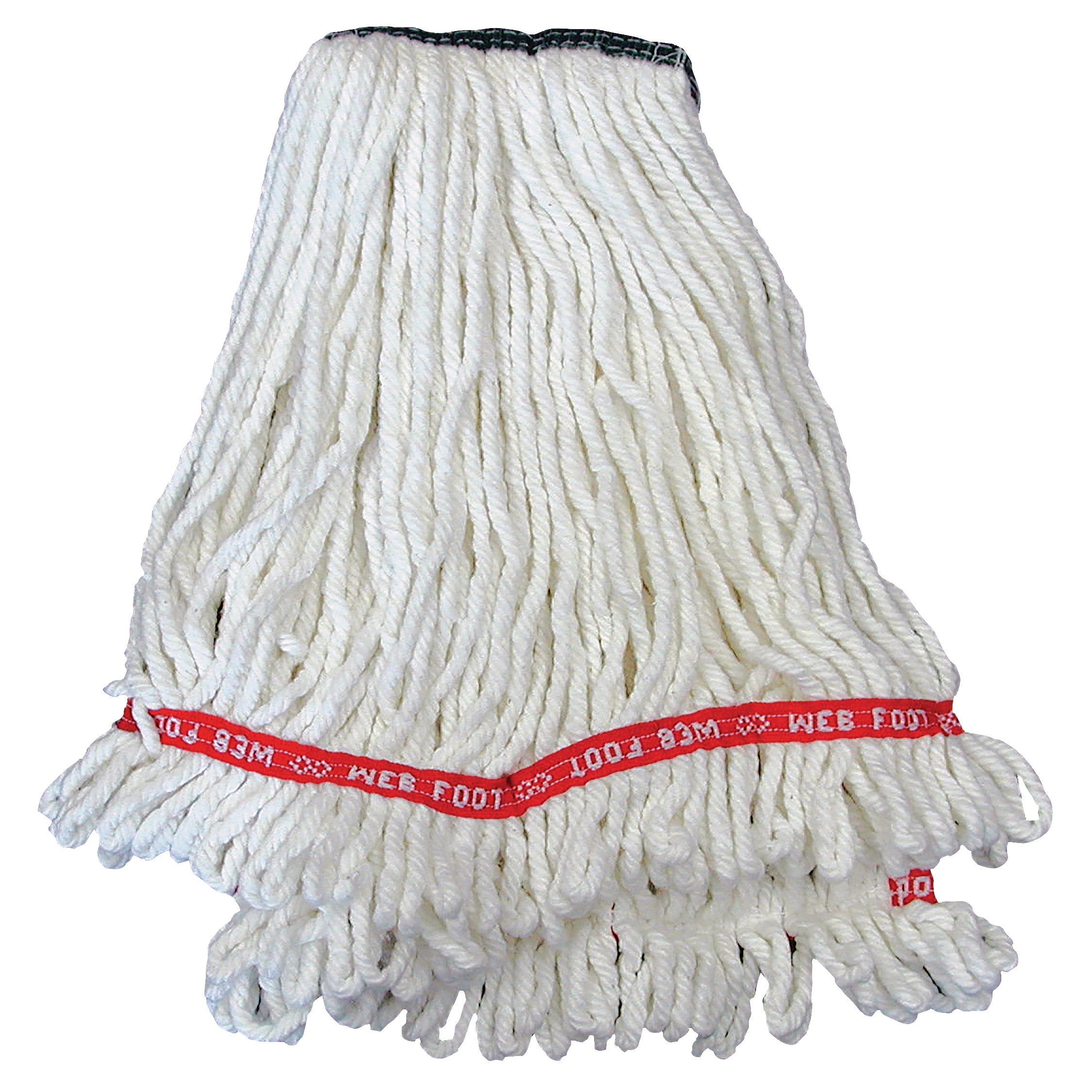 The MRI-Safe Mop Head features white strands with a red band marked "WEB FOOT" and is designed for safe use near MRI machines.