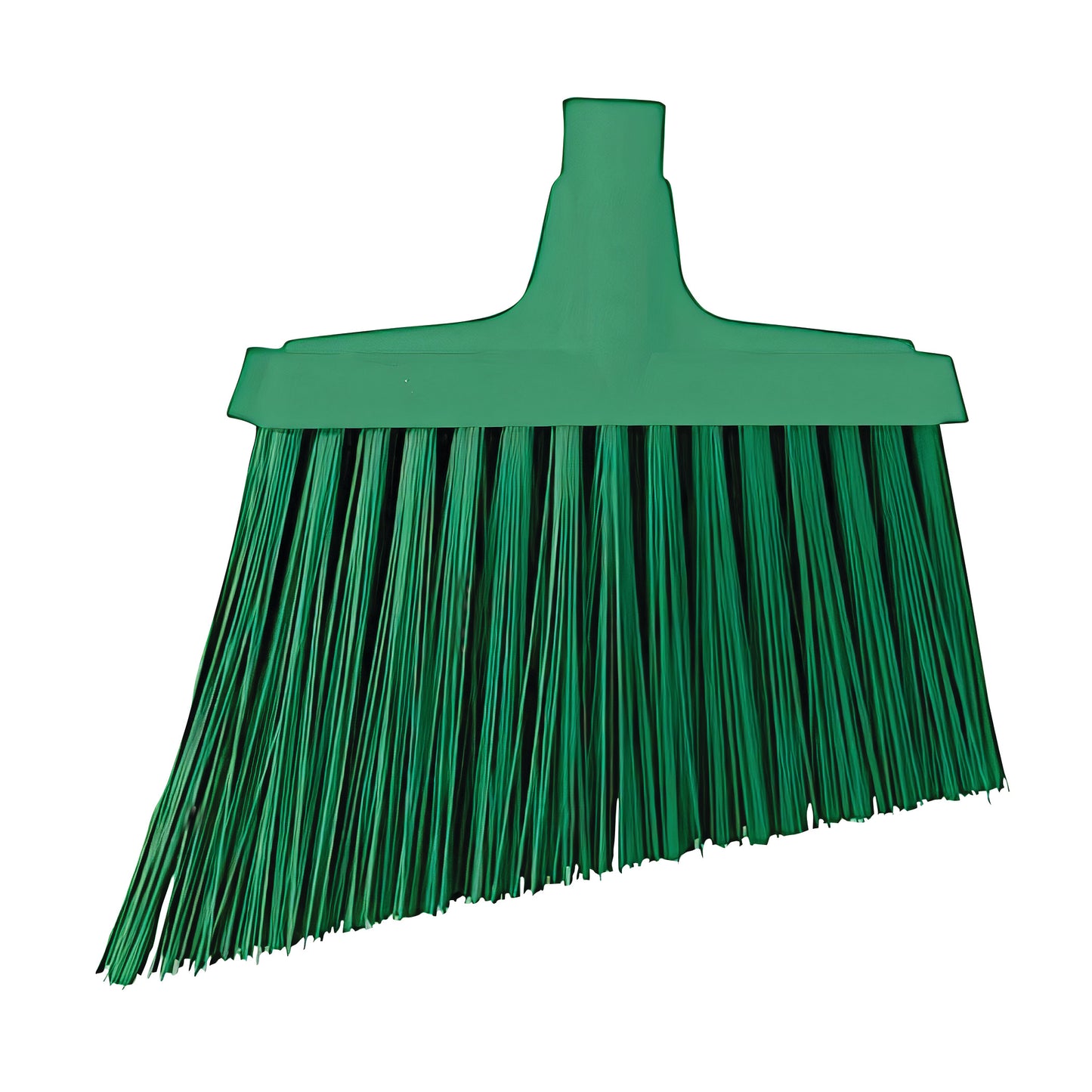 The MRI Broom Head is green with an angled design and stiff bristles, typically used for sweeping floors.
