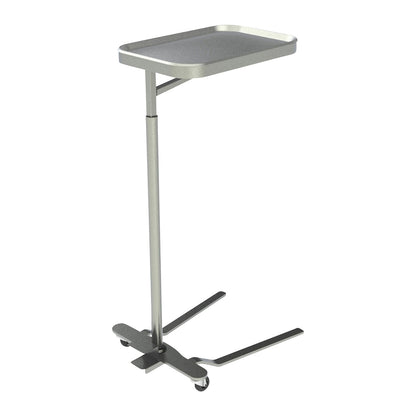 The UMF Mayo Instrument Stand is a metallic, adjustable medical stand with a rectangular tray and two wheels for mobility.