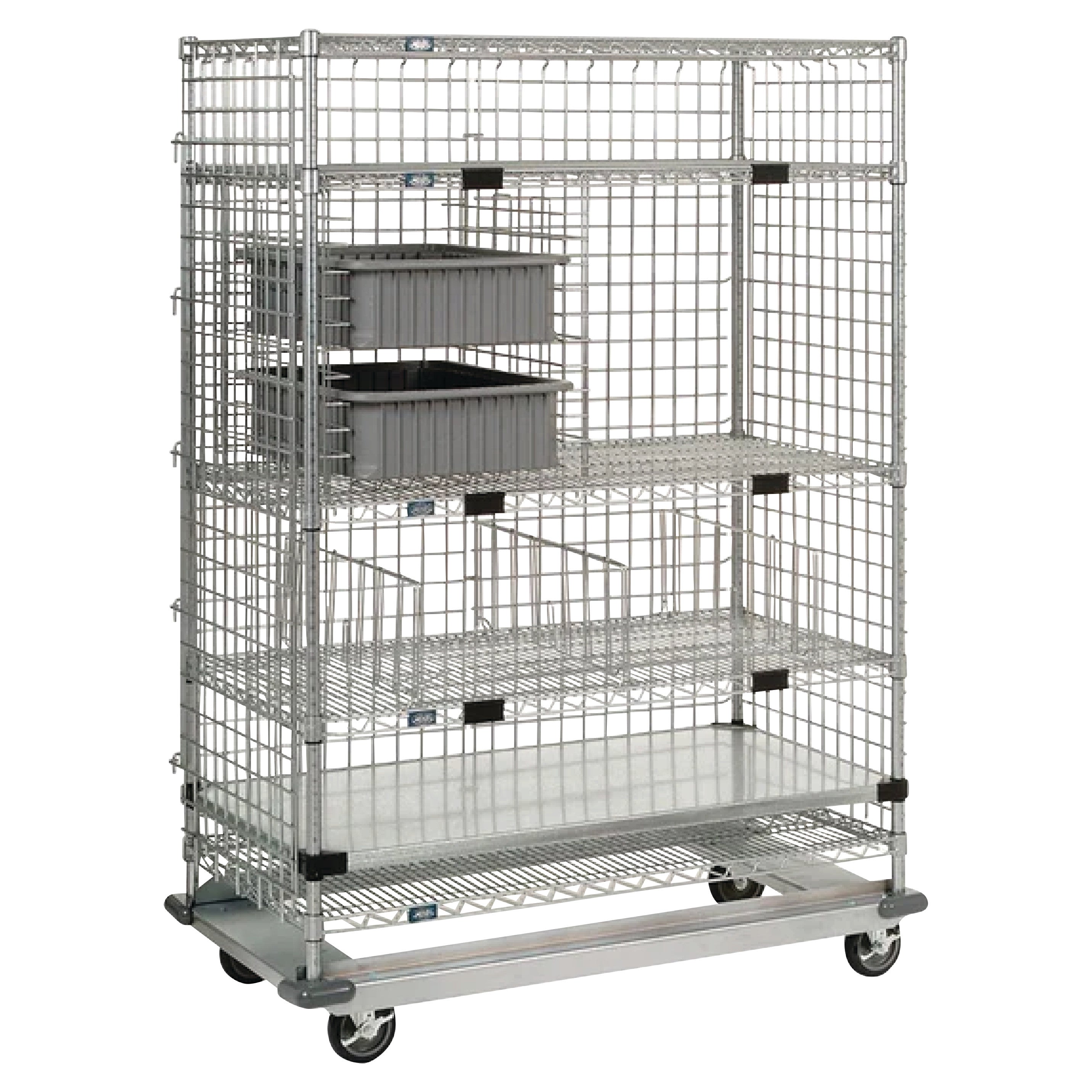 Nexel Enclosed Exchange and Linen Transport Truck with wire mesh structure, multiple shelves, and wheels, featuring two gray bins.