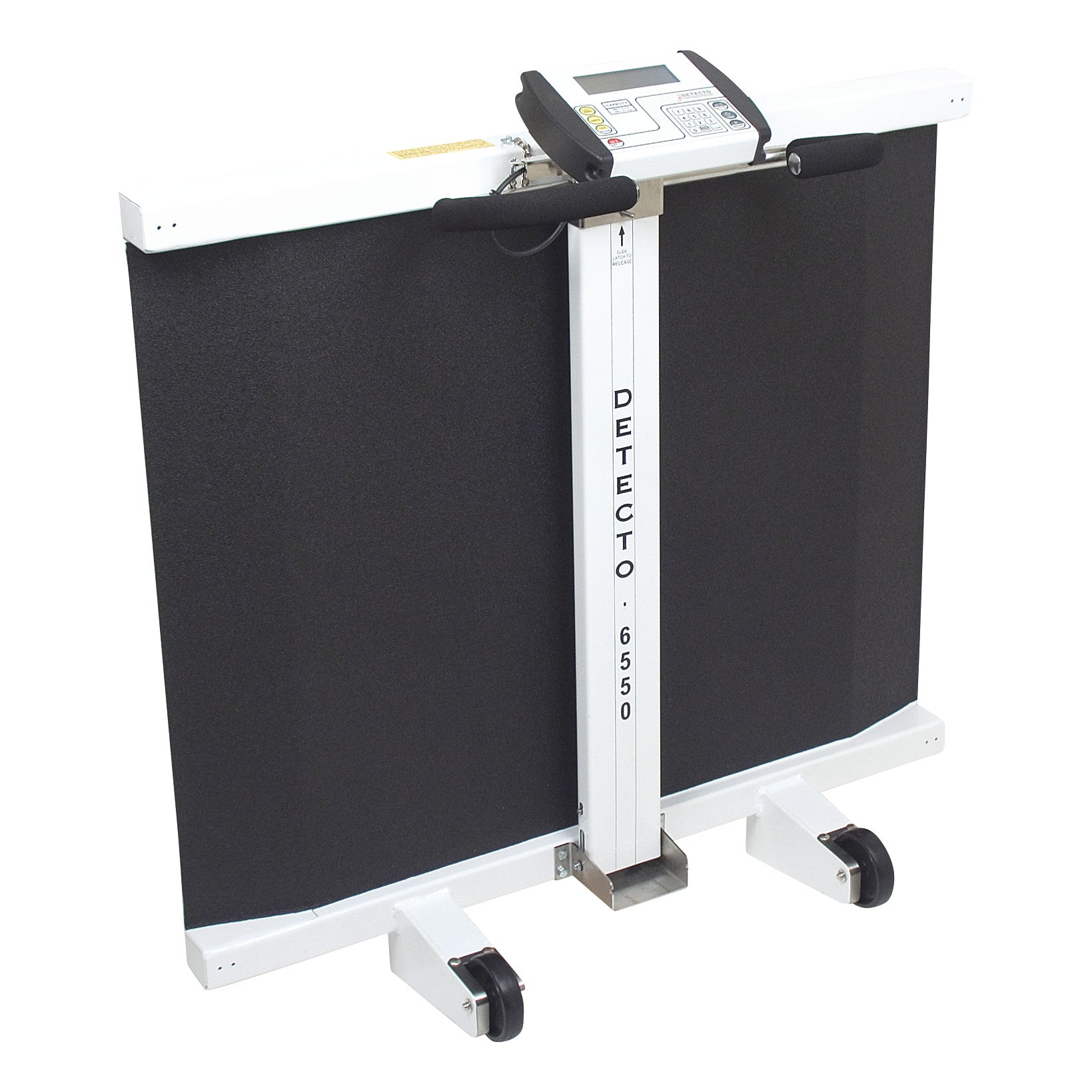 The DETECTO Portable Wheelchair Scale features a digital display and foldable platform with wheels for easy transport and storage.