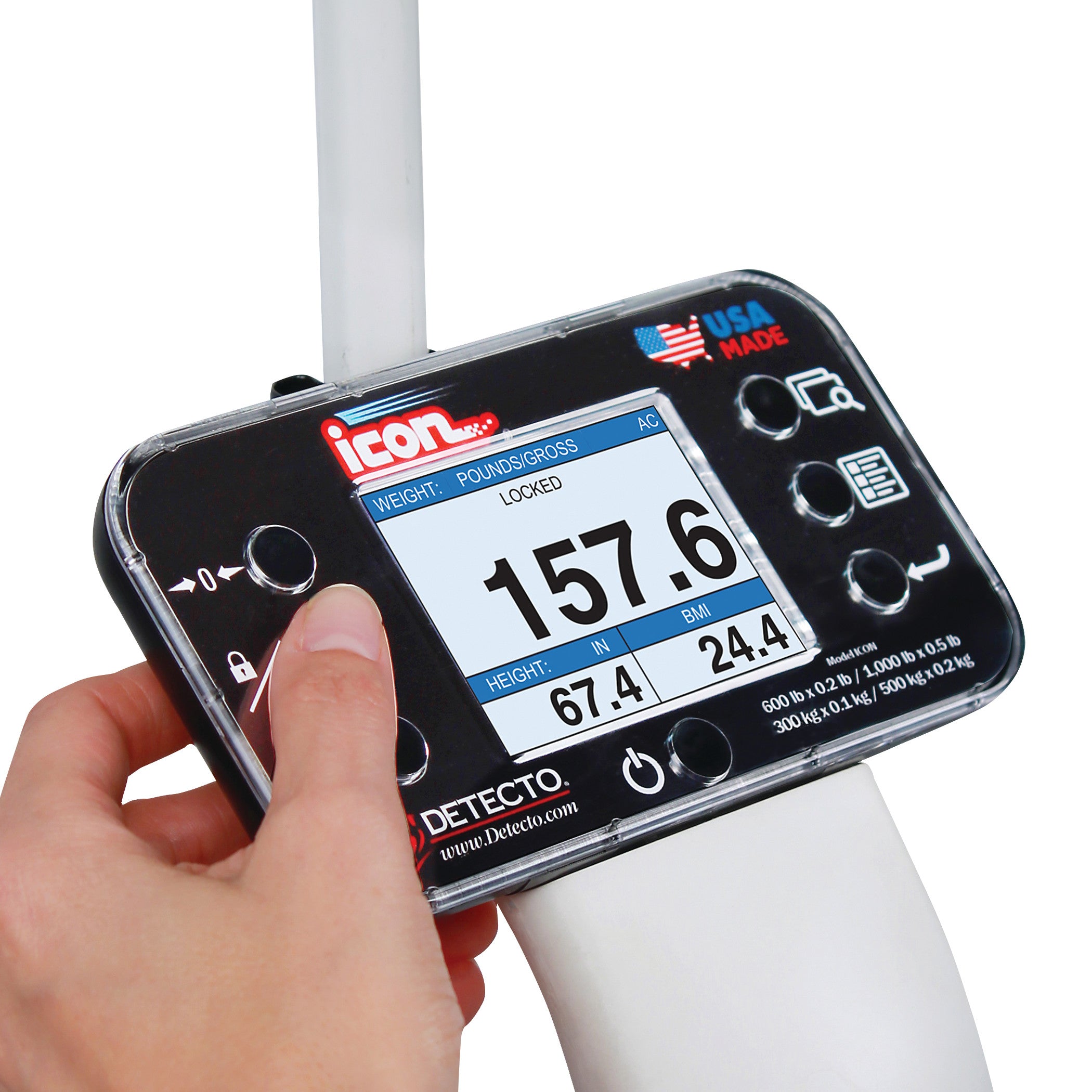 A person adjusts the DETECTO icon Eye-Level Digital Scale, displaying weight, height, and BMI.