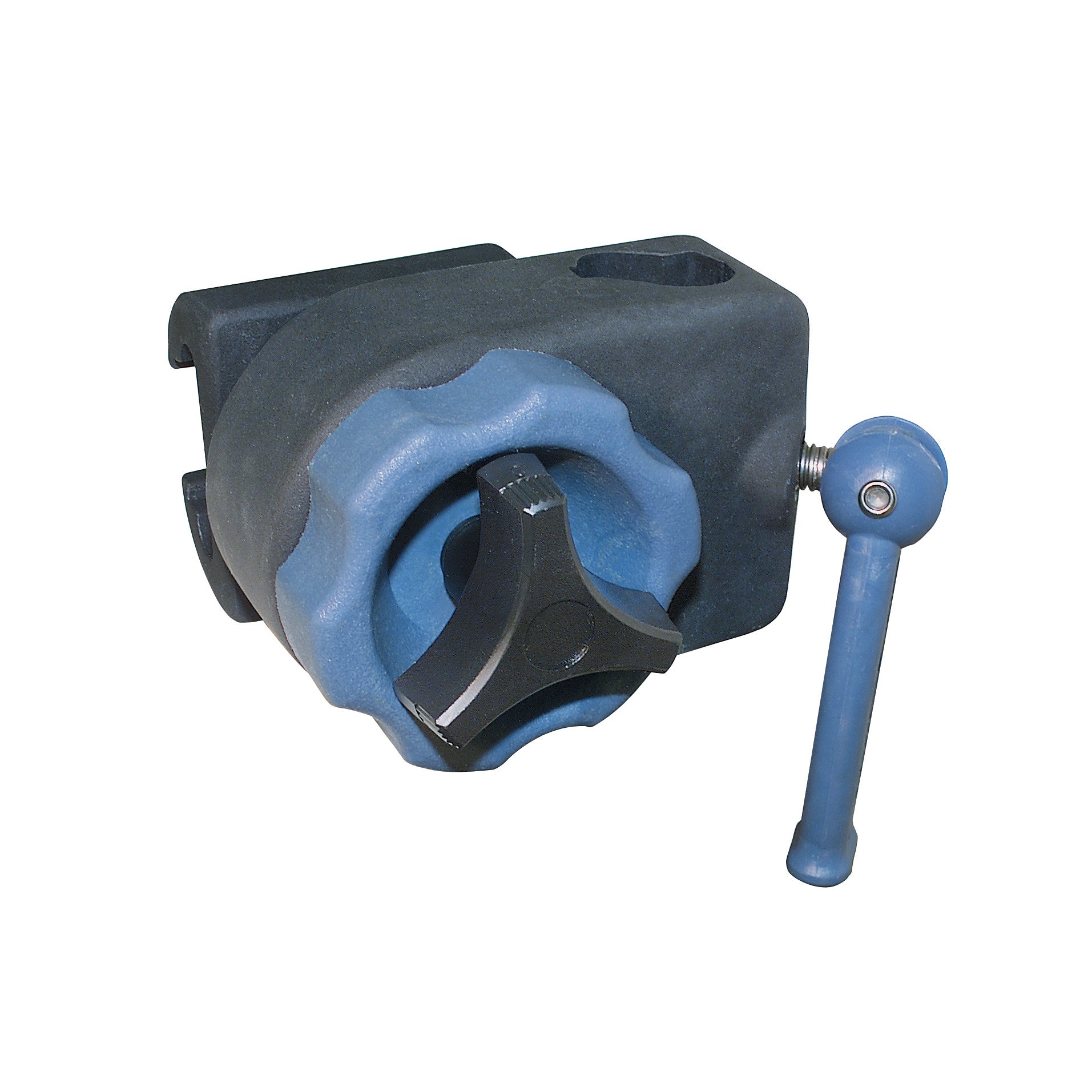 Allen Tri-Clamp device with a large blue knob and attached handle, used for secure positioning in medical or industrial settings.