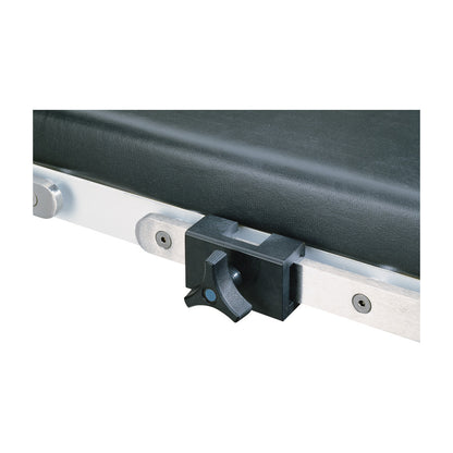 The Allen Side Rail Clamp is attached to a metal rail on a black padded surface, featuring a star-shaped knob for securing it in place.