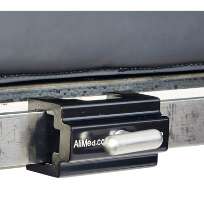 The AliMed Anodized Aluminum Side Rail Socket is shown securing a metal rail, featuring a black finish with a visible locking pin.