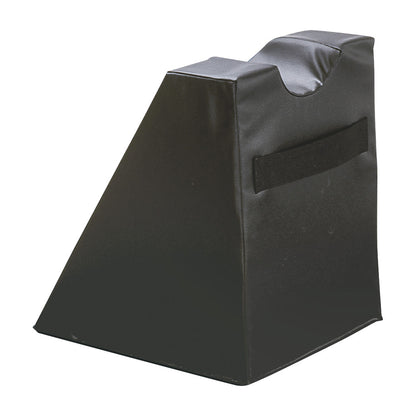 The AliMed High Foot Prepper is a black wedge-shaped support cushion with a cutout and a strap on its side for stability.