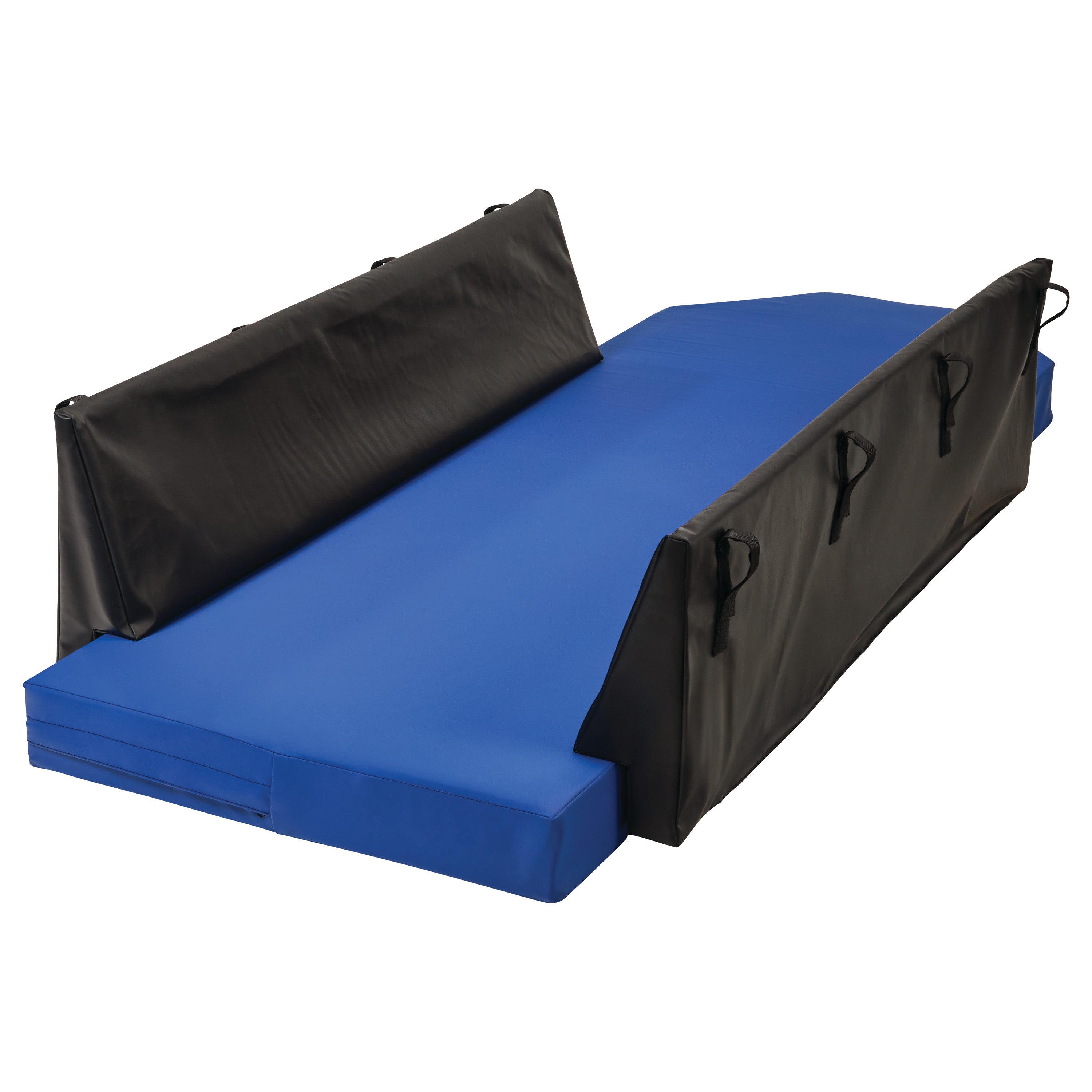 Blue medical mat with black side panels featuring handles, designed as an AliMed Stretcher Bumper Wedge for patient safety.