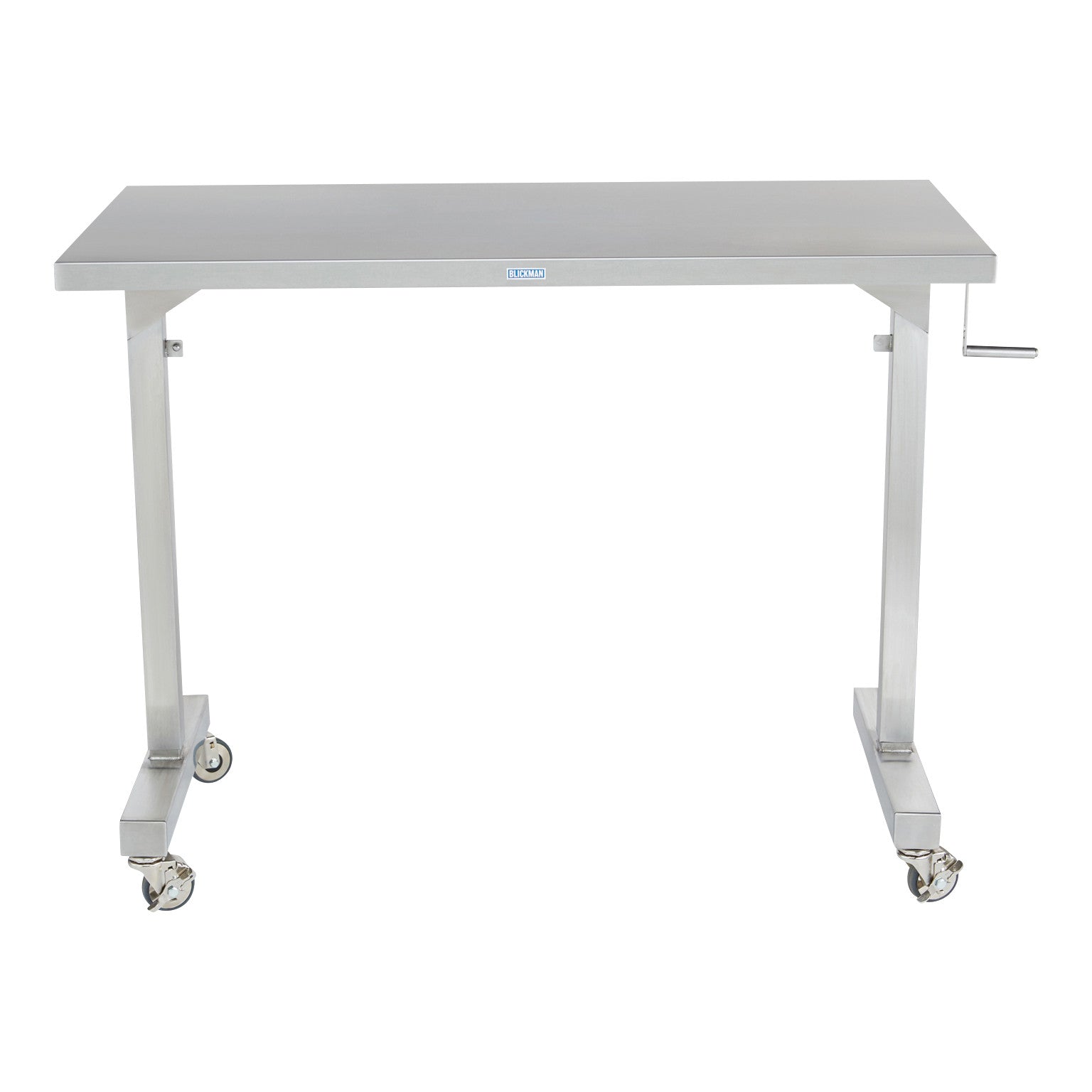 The Blickman Georgetown Manual Adjustable Instrument Table is a stainless steel table with a hand crank and four caster wheels.