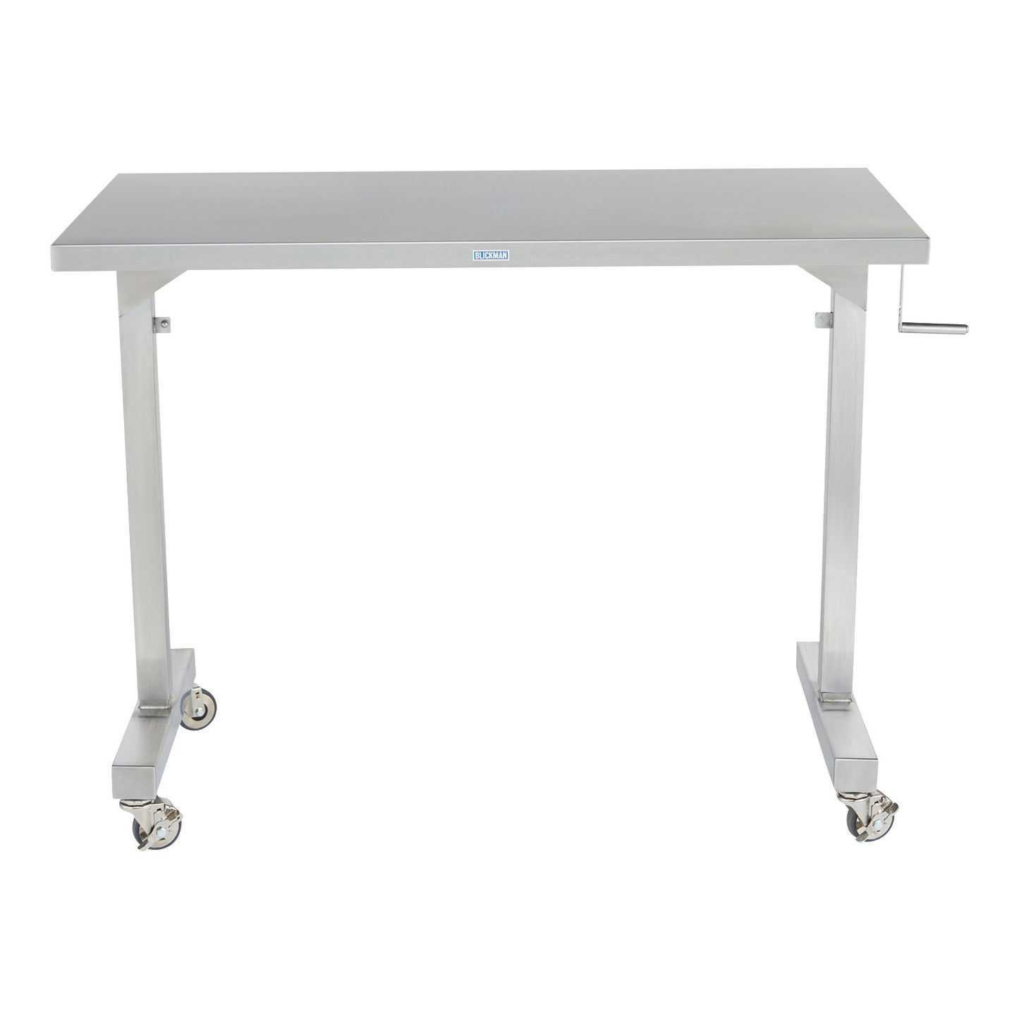 The Blickman Georgetown Manual Adjustable Instrument Table is a stainless steel table with a hand crank and four caster wheels.