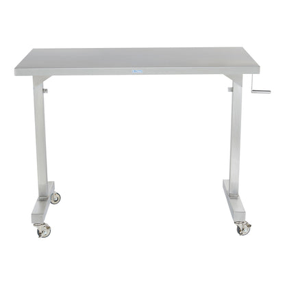 The Blickman Georgetown Manual Adjustable Instrument Table is a stainless steel table with a hand crank and four caster wheels.