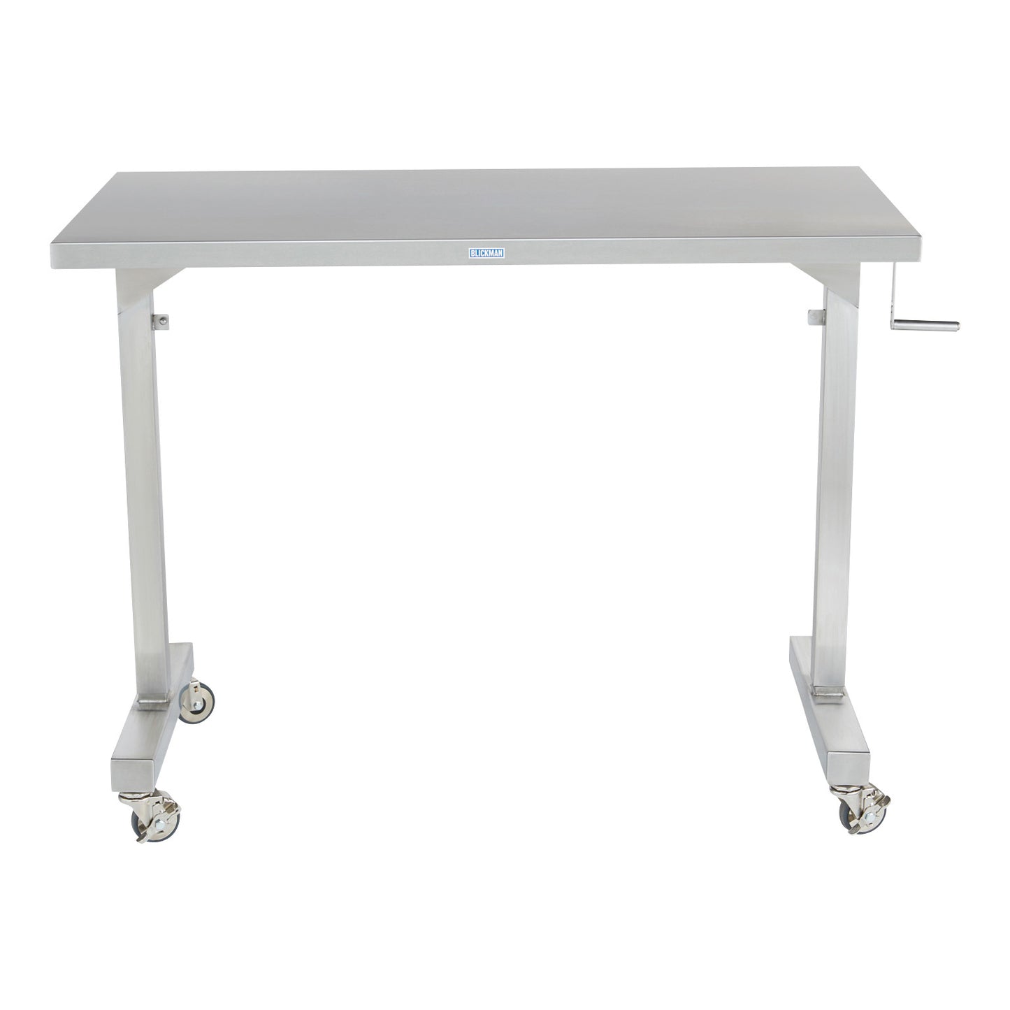 The Blickman Georgetown Manual Adjustable Instrument Table is a stainless steel table on wheels with a hand crank for height adjustment.