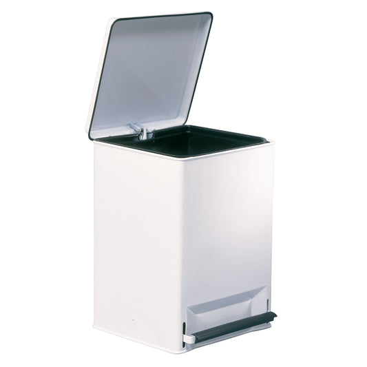 The AliMed Step-On Waste Can is open with a pedal at the base for hands-free operation, featuring a rectangular design and white color.