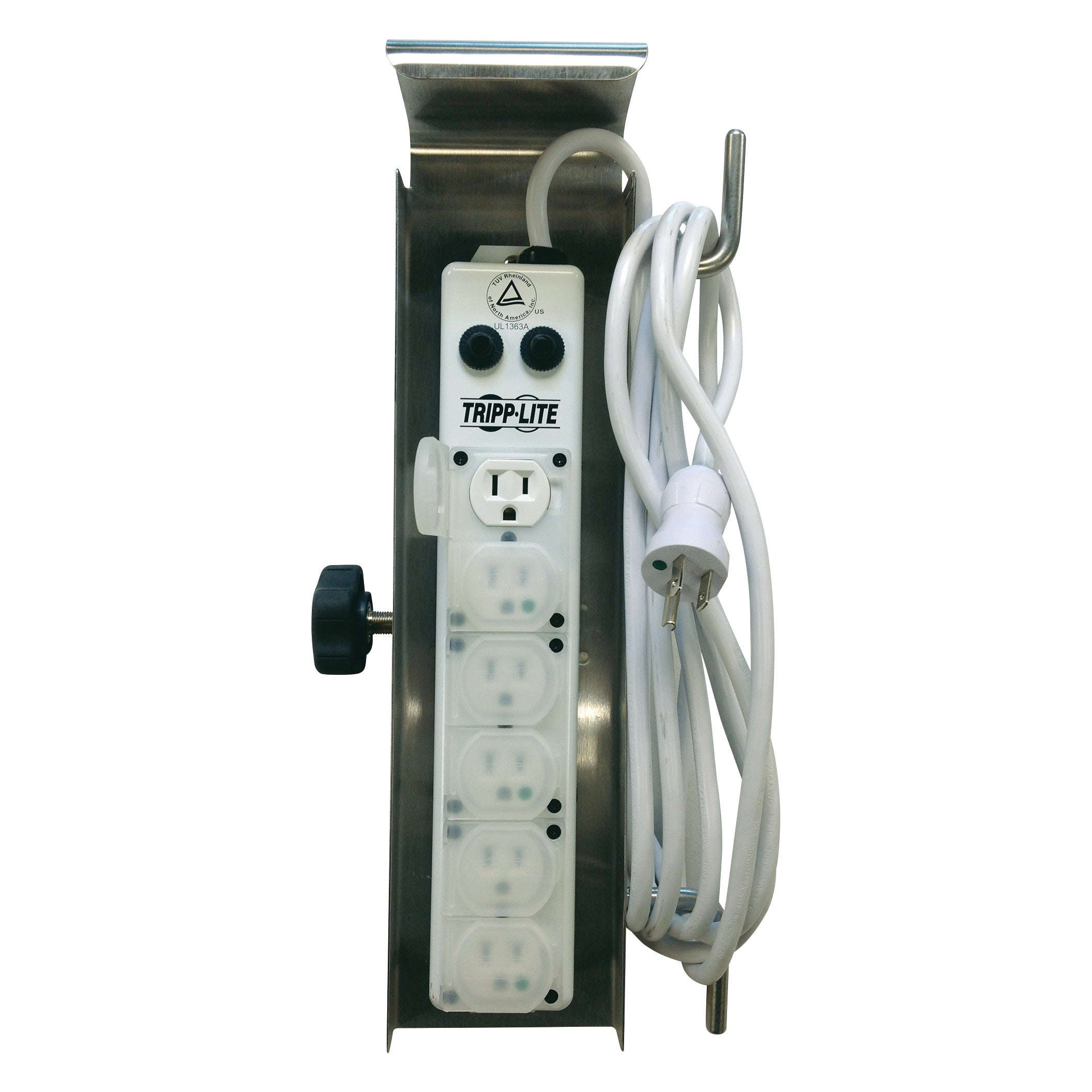 Power Strip for Pedigo Infusion Pump Stand with multiple outlets, two switches, a power cord, and a mounting bracket.