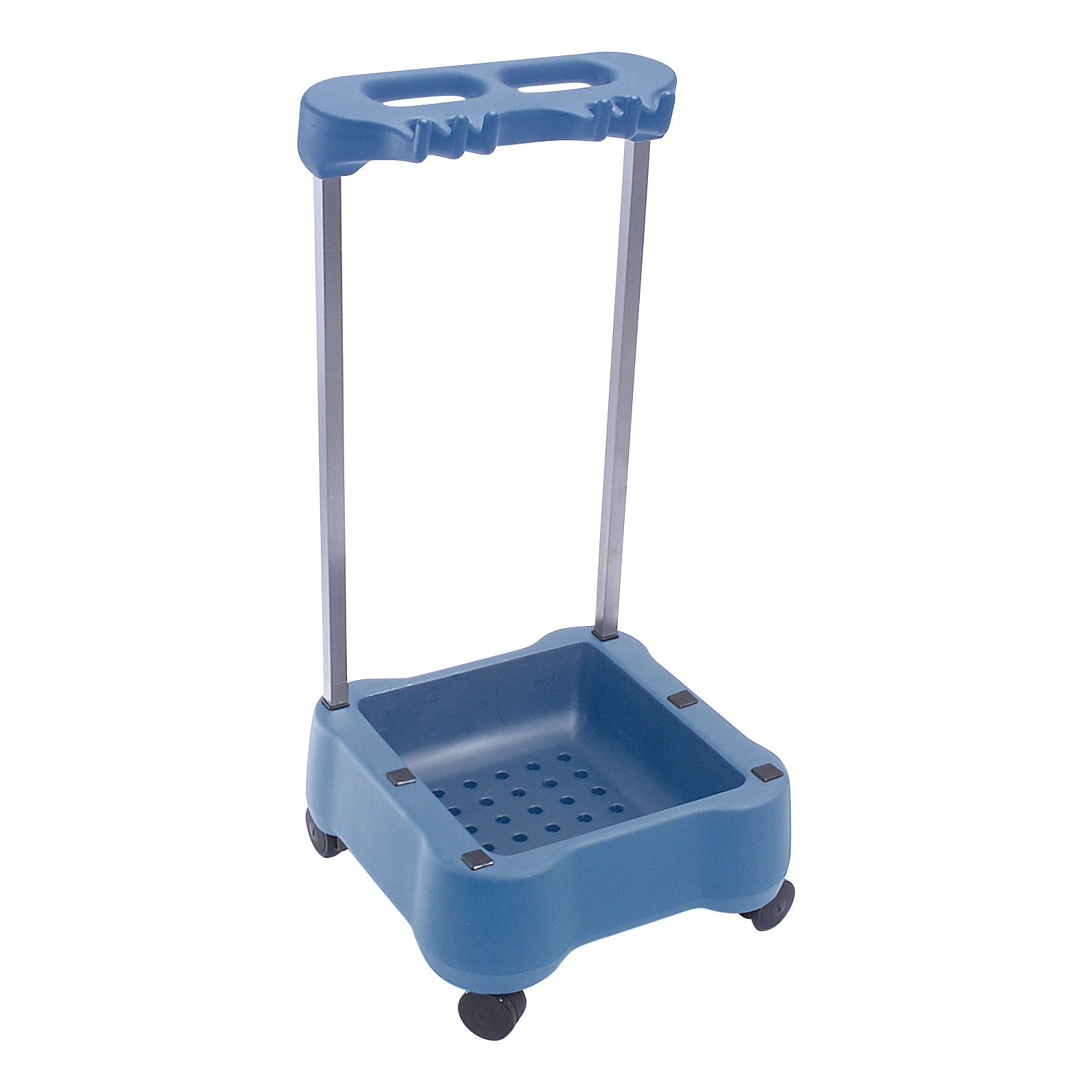Blue Allen Stirrup Cart with a perforated base, metal handles, and four caster wheels for easy mobility.