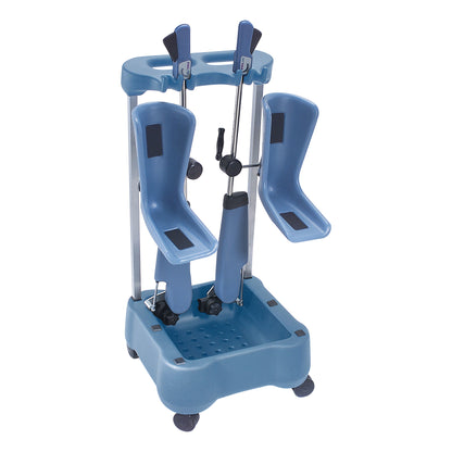 The Allen Stirrup Cart is a blue medical device with two adjustable support arms, designed for holding and transporting medical stirrups.