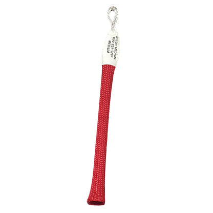 Red  Single Finger Trap with a looped end and a white tag displaying small text, used in medical settings.