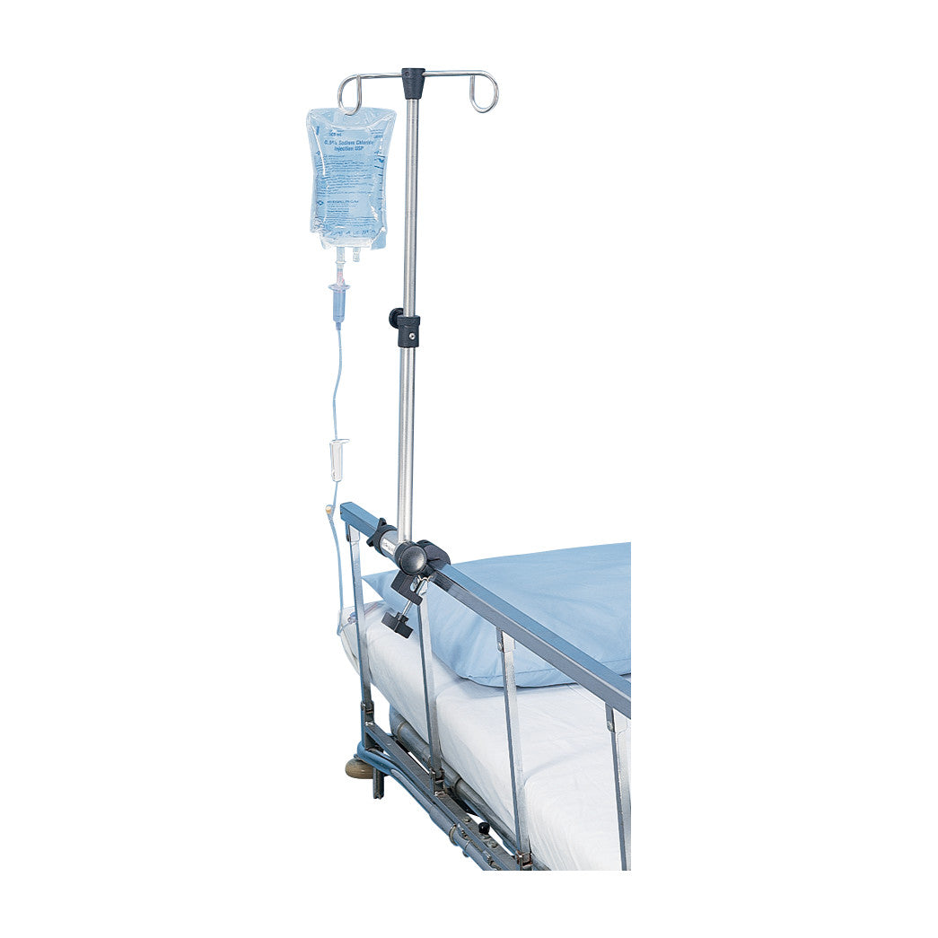 Pryor Versa-Pole IV stand attached to a hospital bed with a hanging IV bag and tubing, next to blue bedding.