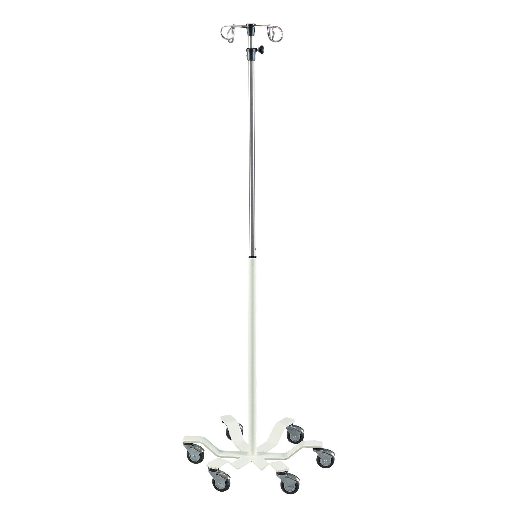 Pryor Heavy Duty IV Pole with a sturdy metal frame, four hooks, and a base with six caster wheels for easy mobility.