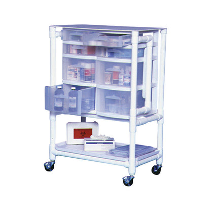 MRI Nursing Supply Cart with transparent drawers containing medical supplies and bottles, on wheels for easy mobility.
