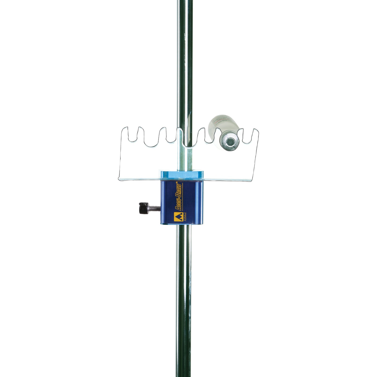 The image shows an AliMed ACCU-DRAW Vial Holder attached to a vertical rod, featuring a blue clamp and a clear, wavy-edged platform.