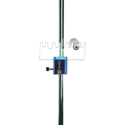 The image shows an AliMed ACCU-DRAW Vial Holder attached to a vertical rod, featuring a blue clamp and a clear, wavy-edged platform.
