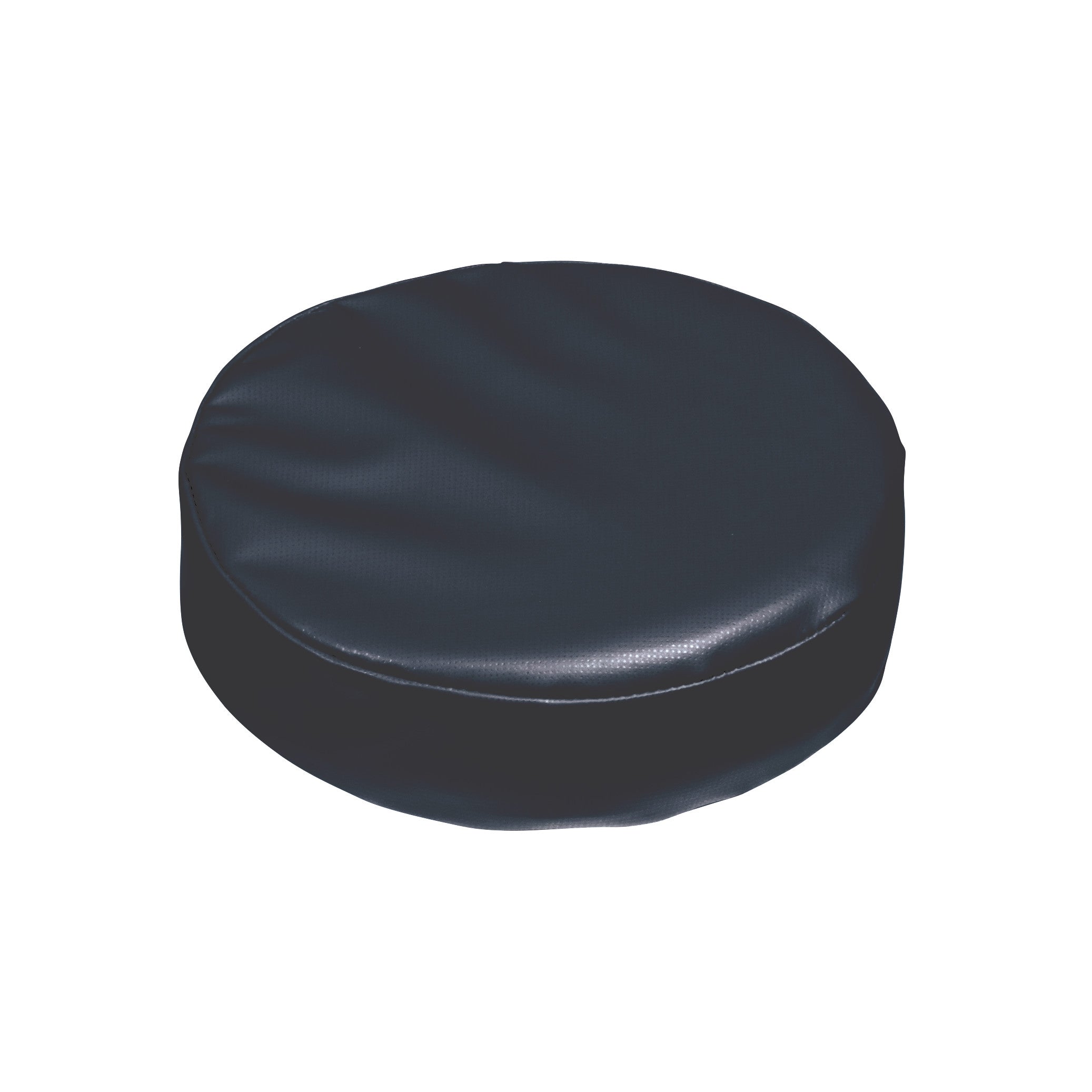 Round cushion with a smooth, dark surface, labeled AliMed Vinyl-Covered Head Disc, designed for supporting a person's head.