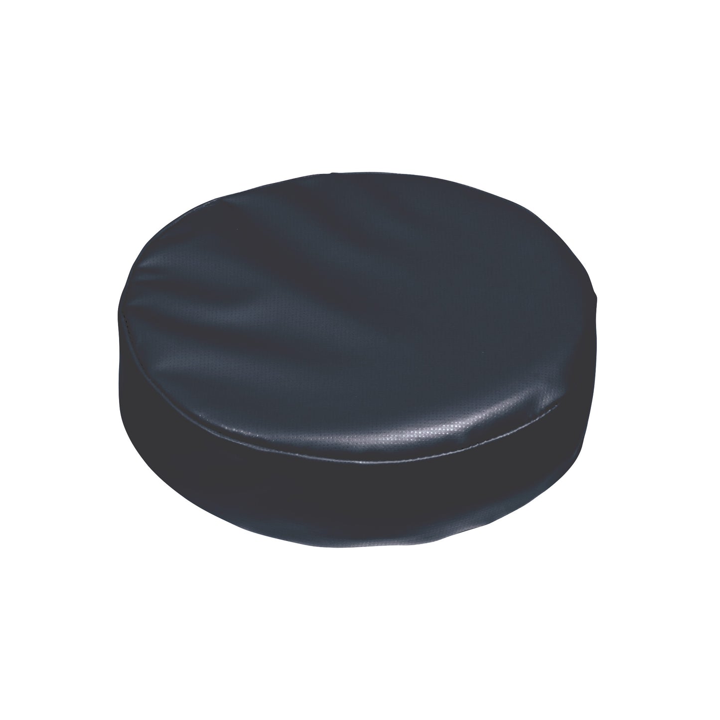 Round cushion with a smooth, dark surface, labeled AliMed Vinyl-Covered Head Disc, designed for supporting a person's head.