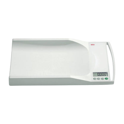 Seca 334 Mobile Digital Baby Scale with a large weighing surface, LCD display, and control buttons on the front right side.