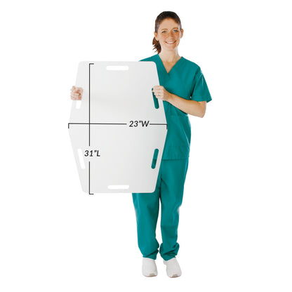 A woman in scrubs holds the AliMed AliSlide Half Shifter, measuring 23"W x 31"L, used for patient transfer.
