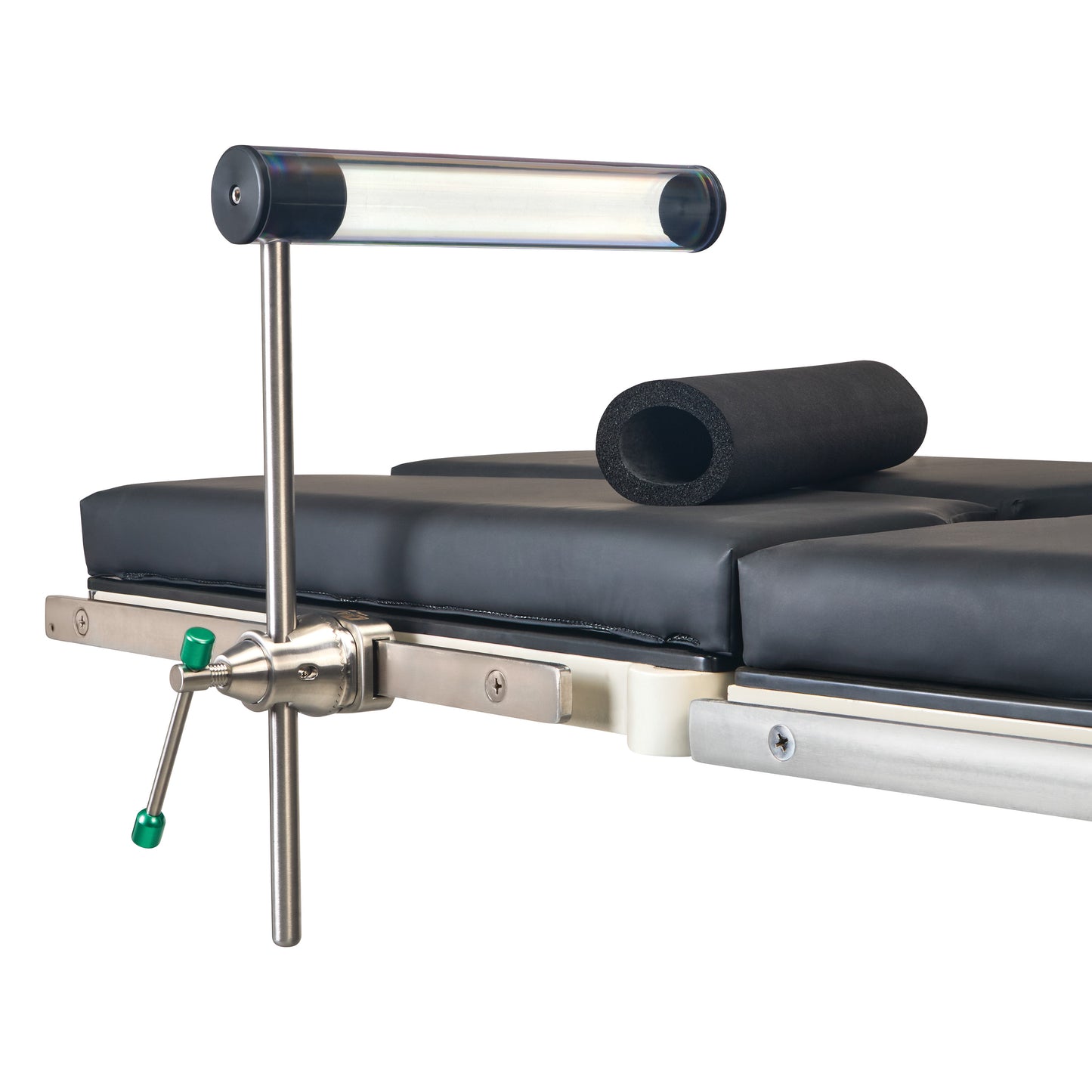 AliMed Radiolucent Total Knee Replacement (TKR) Support on a padded table. It has a metal frame and a foam roller for positioning.