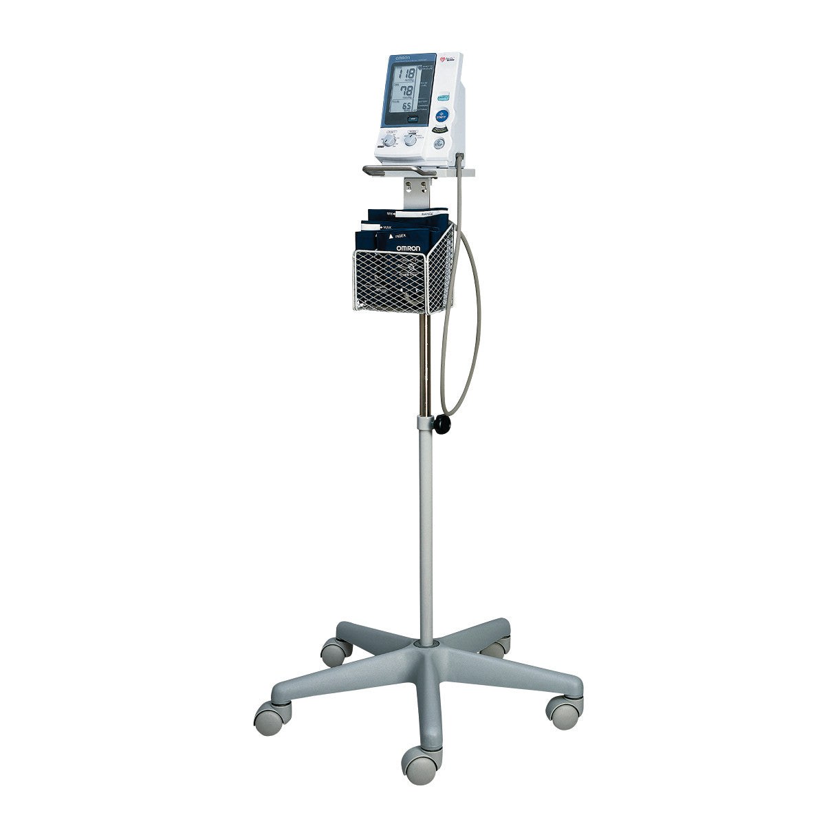 Omron Professional Intellisense Blood Pressure Monitor HEM-907XL on a mobile stand with wheels and a basket holding accessories.