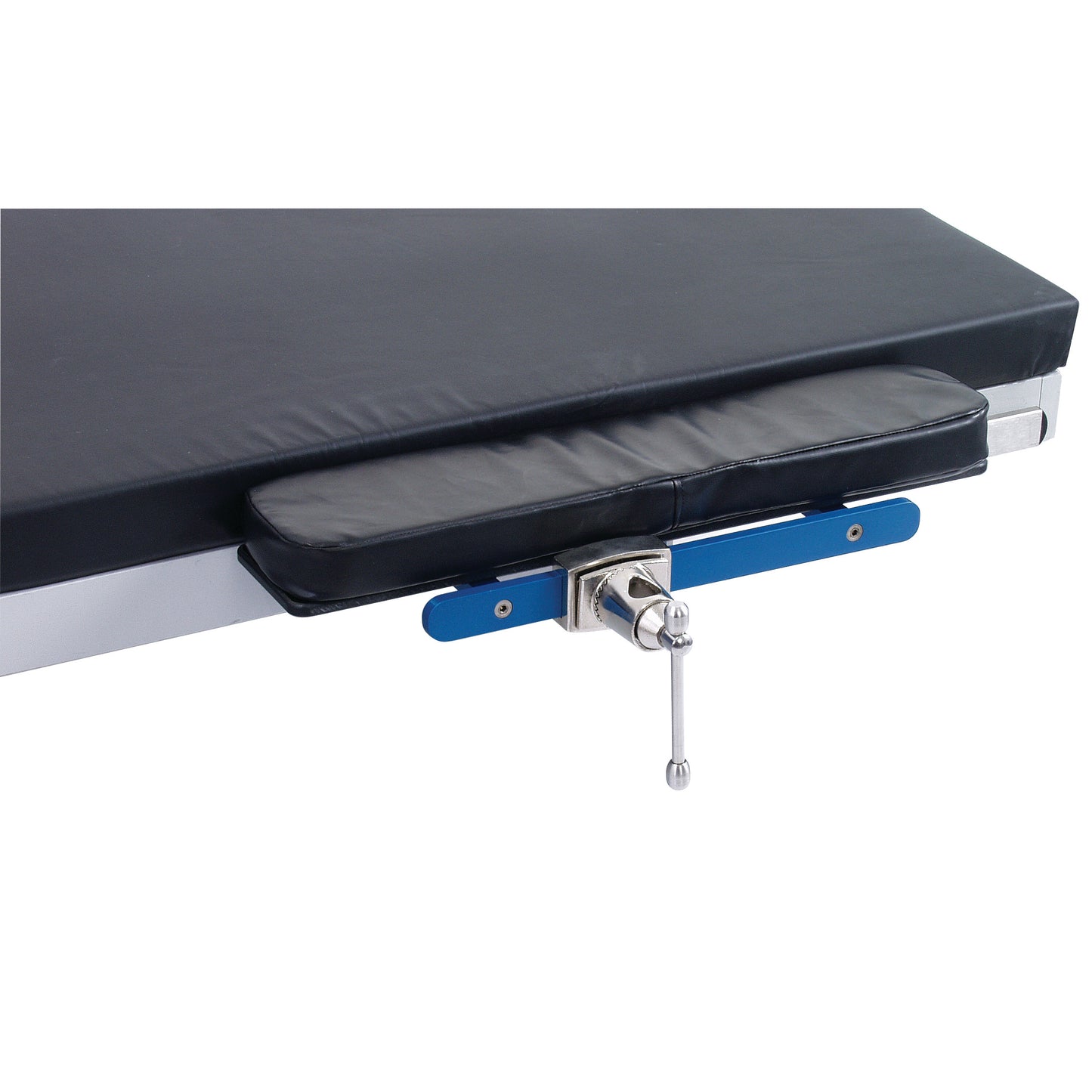 AliMed FREEDOM O.R. Table Width Extender with Pad attached to the edge of a medical table, featuring a blue metal support and clamp.
