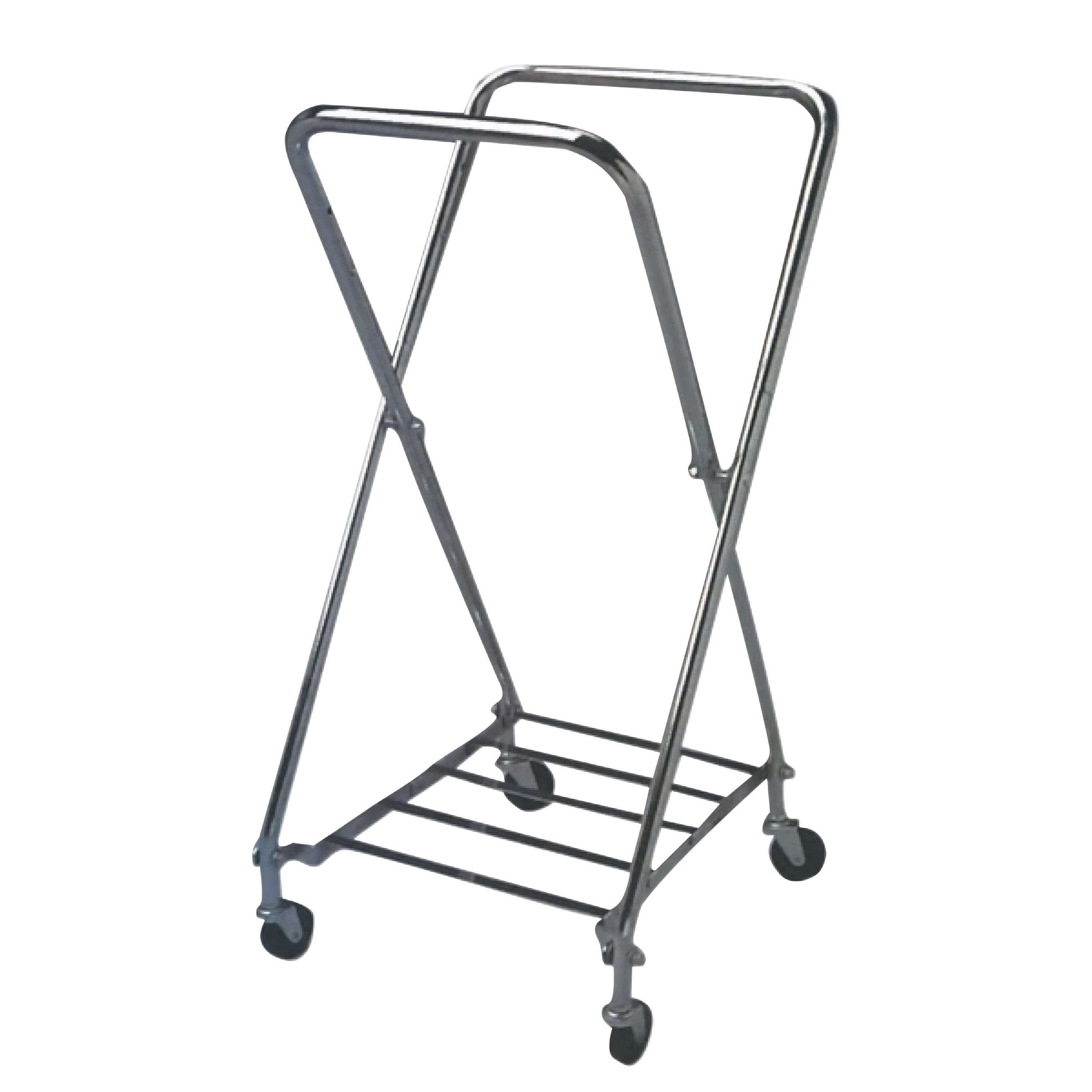 The Adjustable Open Hamper Stand features a metal frame with four wheels and is designed for holding and transporting laundry.
