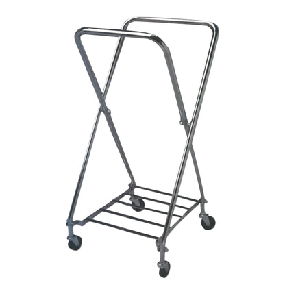 The Adjustable Open Hamper Stand features a metal frame with four wheels and is designed for holding and transporting laundry.