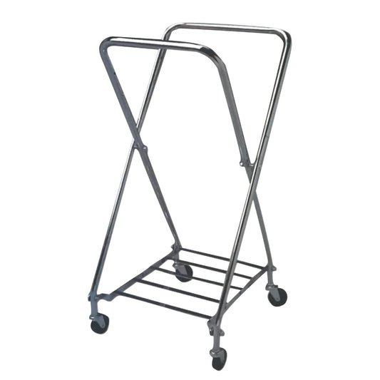 The Adjustable Open Hamper Stand features a metal frame with four wheels and is designed for holding and transporting laundry.