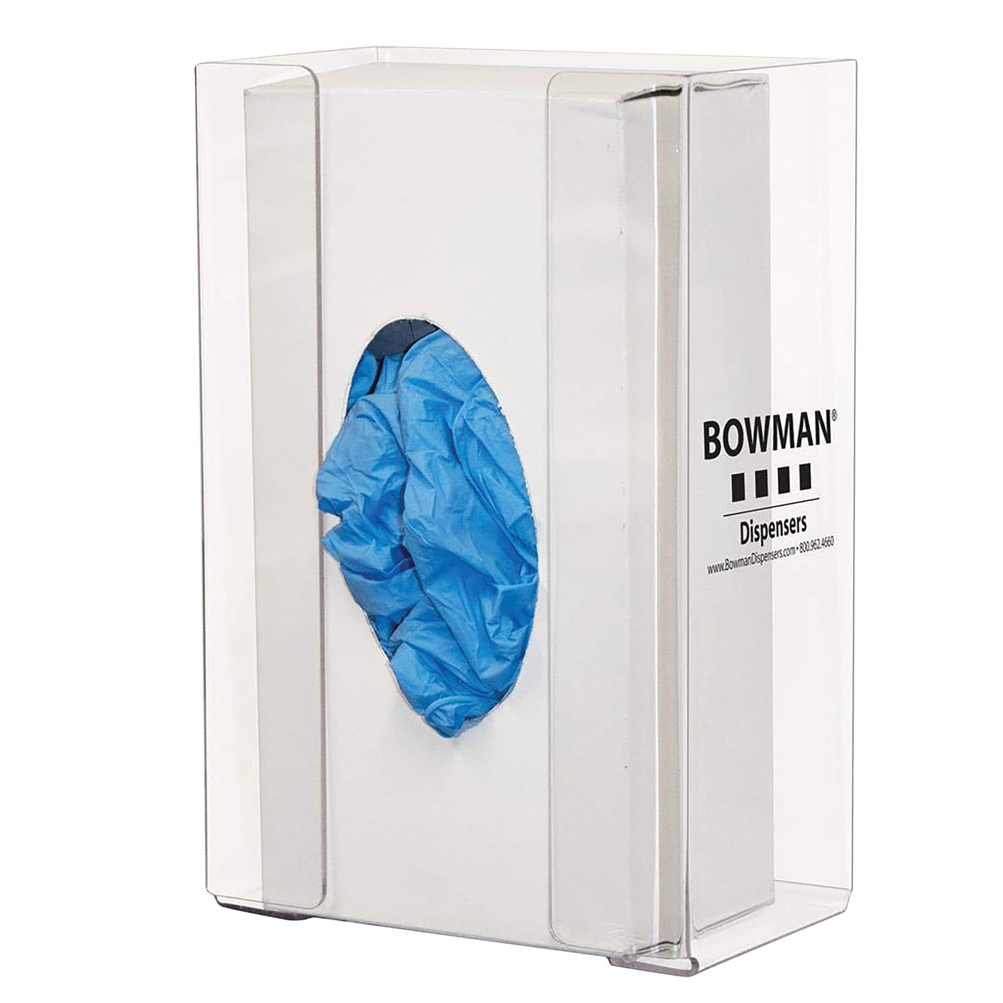 The Bowman Clear PETG Single Glove Box Dispenser with Spring holds a box of blue gloves, with one glove partially visible.