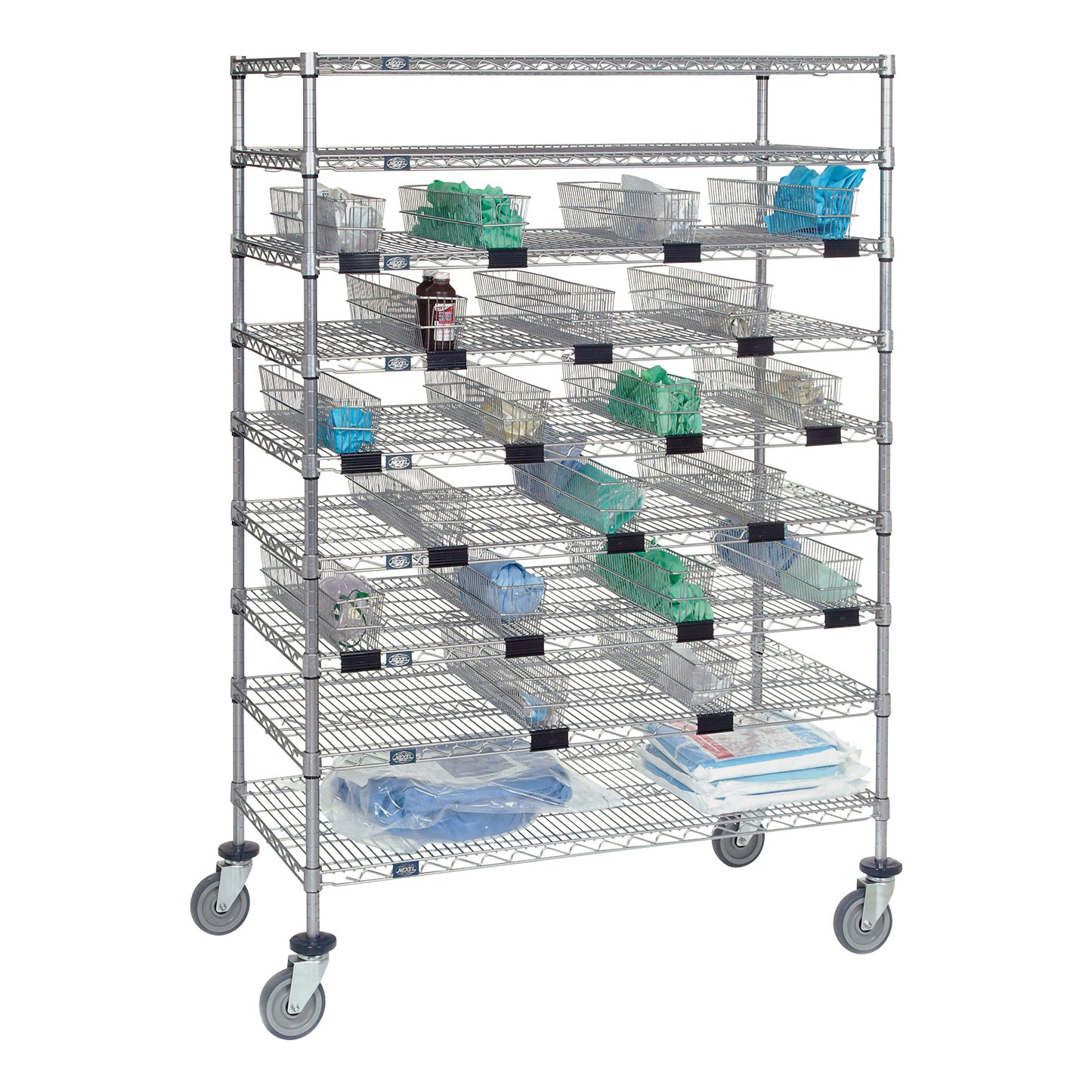A Nexel Catheter Cart with multiple shelves holds wire baskets containing medical supplies, set on wheels for easy mobility.
