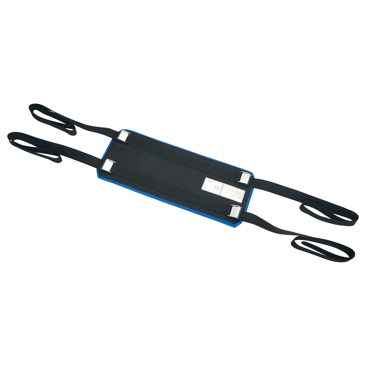 The AliMed Bariatric Super Strap is a black medical transfer device with long straps and metal buckles, used for patient mobility.