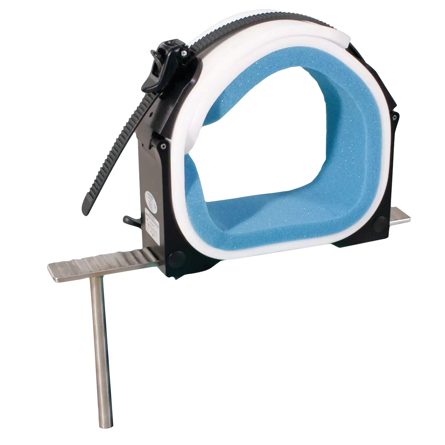 The Allen Deluxe Arthroscopic Leg Holder System, featuring a blue foam cushion, black strap, and metal support bar.