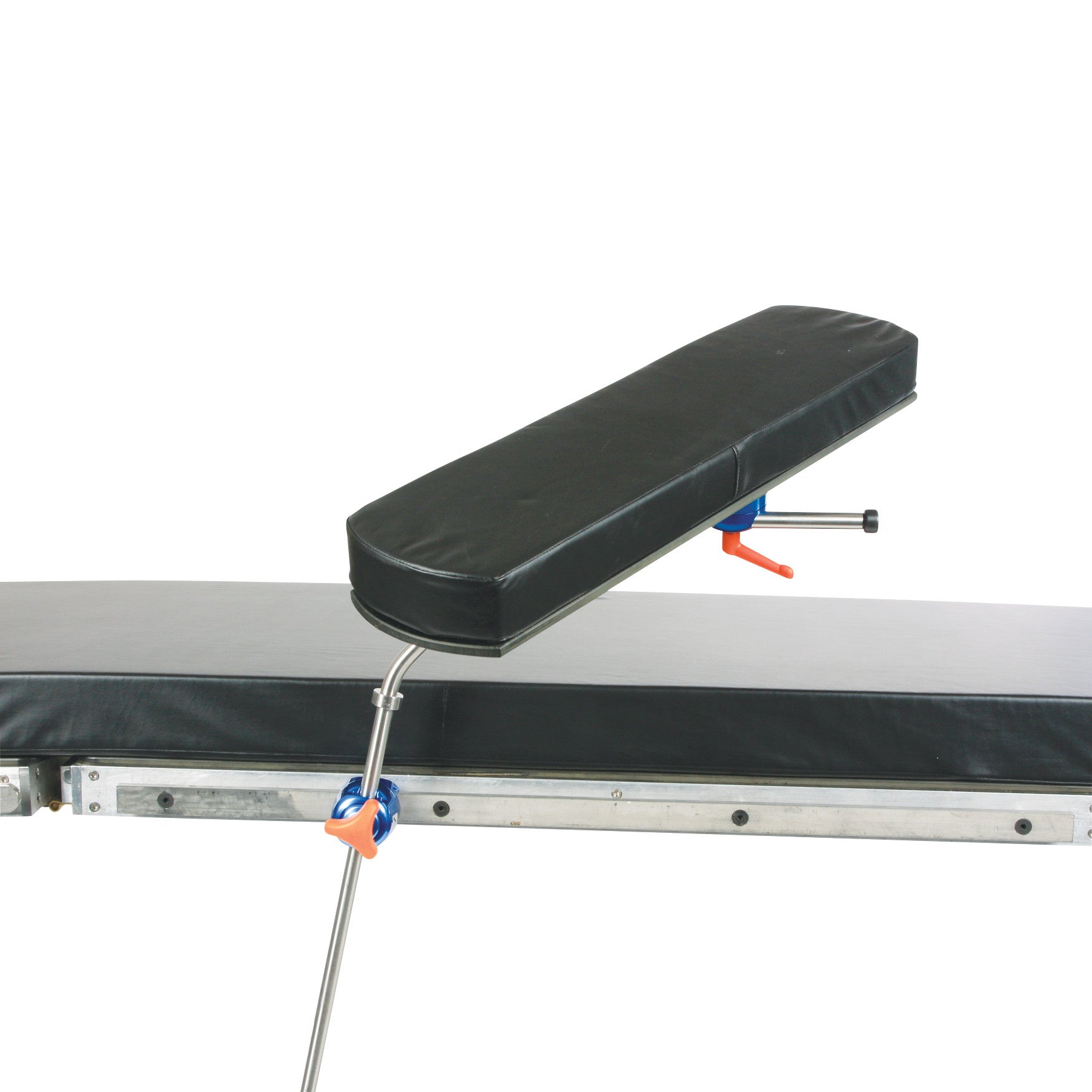 The AliMed Versa-Board is a padded arm support attached to a medical table with metal rods and adjustment knobs.