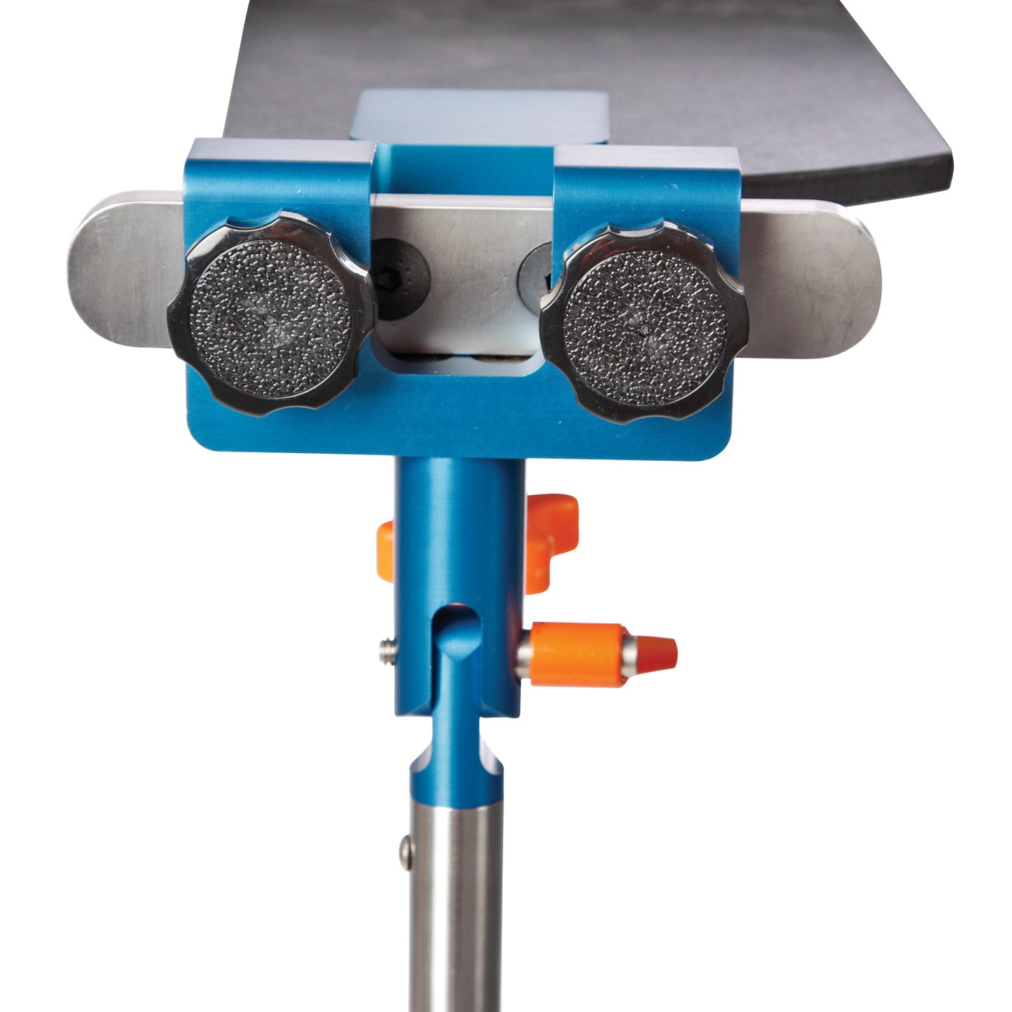 Close-up of the Attachable Hand Table Leg showing its blue and silver metal structure with black knobs and orange accents.