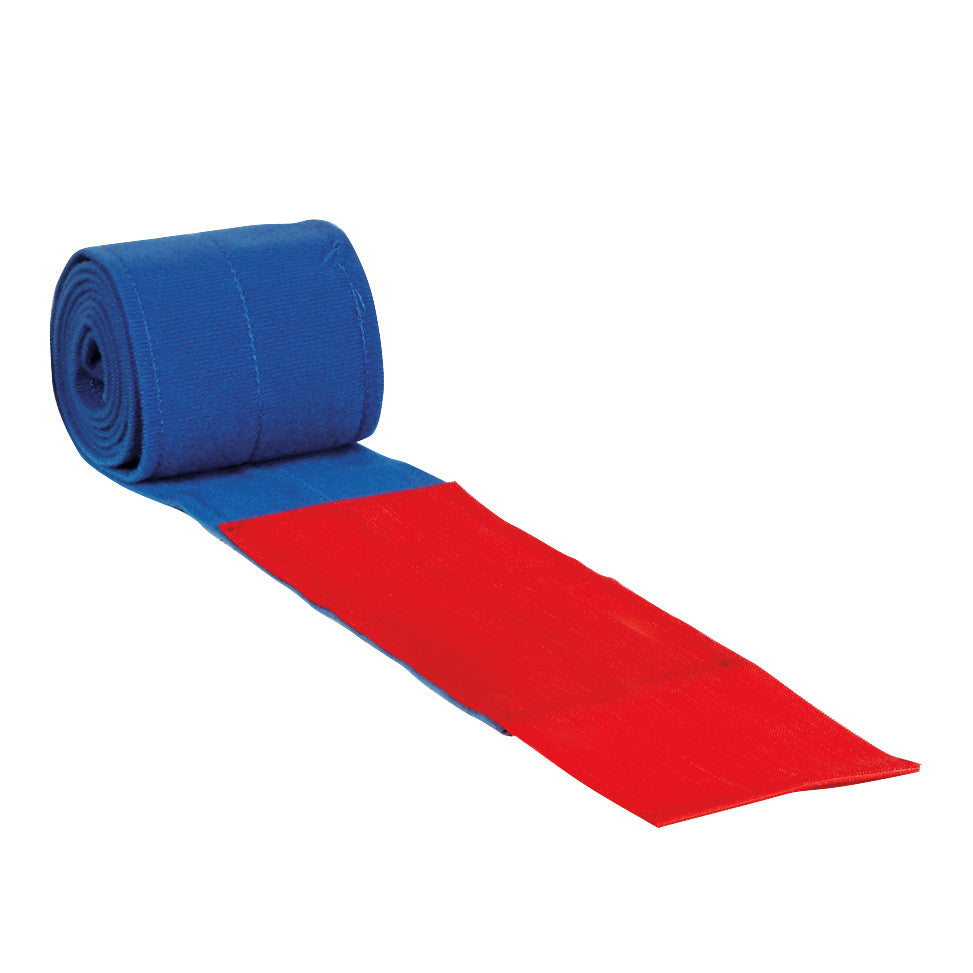 A blue and red AliMed Universal Strap, One-Piece, One Closure, No Side Rail, is shown partially unrolled on a white background.