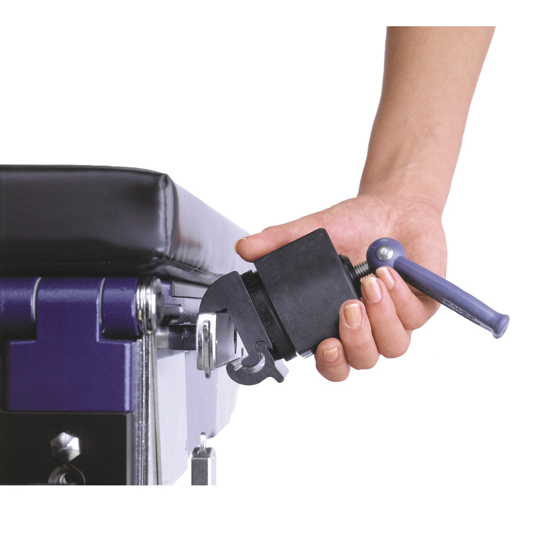 A hand is adjusting an Allen Easy-Lock Socket attached to a bed frame, showing its locking mechanism and handle.