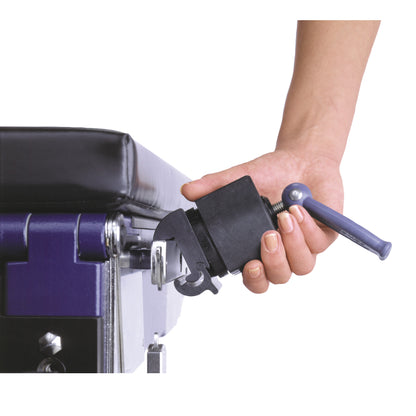 A hand is adjusting an Allen Easy-Lock Socket attached to a bed frame, showing its locking mechanism and handle.