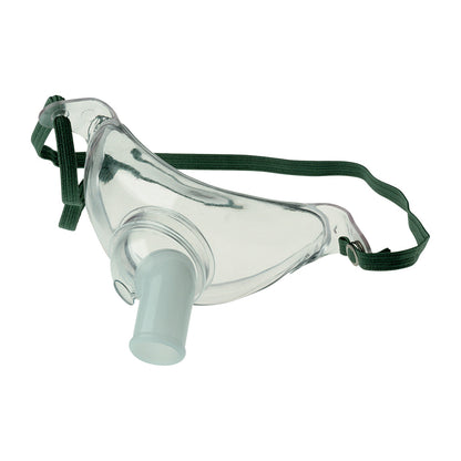 A Pediatric Tracheostomy Mask with a clear design and green strap.